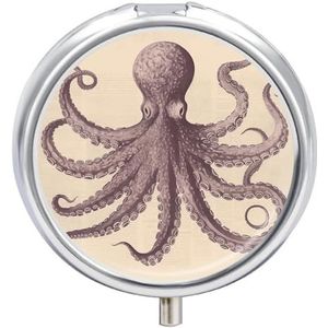 Vintage Octopus Geneeskunde Pil Case, 3 Compartiment Ronde Pillendoos, Draagbare Decoratieve Geneeskunde Organizer voor Pocket Of Portemonnee Vitamine Organiseren