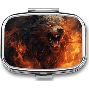 Wilde wolf in de vuurpillendoos, draagbare pillenorganizer, medicijnpillencontainer met spiegel en 2 compartimenten, dagelijkse medicijnorganizer, reispillenetui voor zak of portemonnee