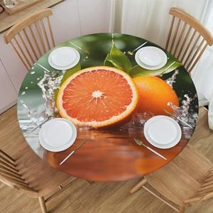 Rond tafelkleed met oranje patroon, waterdicht en afveegbaar met elastische randen, geschikt voor het decoreren van ronde tafels.