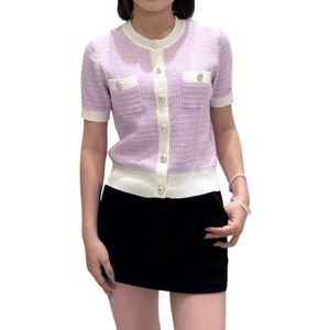 GKEIOSHQIL Dames Zomer Cardigans Korte Mouwen Met Knopen Contrasterende Kleuren Dressy Casual Brei Tops Blouses,Purper,L