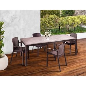 Dmora - Set van tafel en stoelen Manarola, rechthoekig uittrekbaar tafelblad voor buiten met 4 stoelen, tafel en tuinstoelen in rotan-look, 100% Made in Italy, bruin