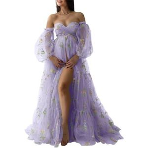 KIYNE Zwangerschapsjurk voor dames, met bloemenborduurwerk, tule, zwangerschapsjurk voor fotoshoot, vogeljurk, zwangerschapsjurk voor babyborrel, Lila, 32