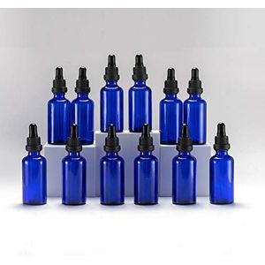 Yizhao Blauw Glazen Druppelflesje 50ml, met Glazen Pipet Druppelaar, voor Essentiële olie, Aromatherapie, Cosmetica, Laboratorium, Apotheek, Reizen, Massage - 12 Stuks