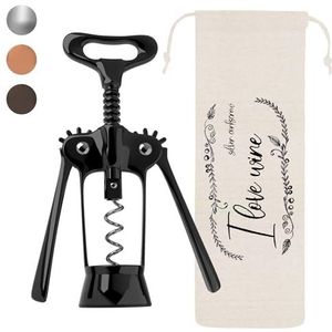 Lenmar Kurkentrekker Wijnopener Wijnflesopener, flesopener, van roestvrij staal in modern design, voor kurken en doppen, voor wijn & prosecco met linnen zak, cadeau-idee (zwart)
