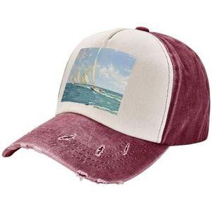 KoNsev Snapback-hoeden met bootschip en landschapsprint voor heren, verstelbare baseballpet met platte rand, truckerpet, Donkerrood, Eén Maat