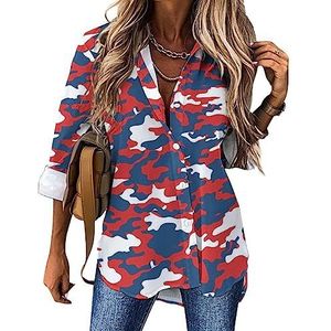 Rode Camouflage Dames Button Down Shirts Lange Mouw Jurk Shirt V-hals Blouses Tops