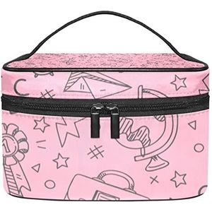 Hand getrokken terug naar school roze make-up organizer tas, reizen make-up tas organizer case draagbare cosmetische tas voor vrouwen en meisjes toiletartikelen, Meerkleurig, 22.5x15x13.8cm/8.9x5.9x5.4in