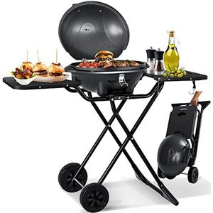 KESSER® Elektrische Barbecue 2in1 Tafelgrill 2400W | Staande Grill BBQ met deksel, Thermometer en Grillplaat | Tafelbarbecue Antiaanbaklaag met Opbergtafel en 2 wielen, Zwart