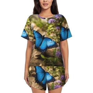 Blauwe vlinder en bloemenprint dames zomer zachte tweedelige bijpassende outfits korte mouw pyjama lounge pyjama sets, Zwart, M