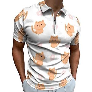 Poloshirt met kat en bloemen voor heren, casual T-shirts met ritssluiting, golftops, slim fit