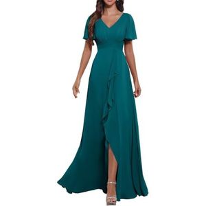 KURFACE Flutter mouw V-hals chiffon bruidsmeisjes jurken met mouwen split lange formele avondjurk voor vrouwen, Pauw, 32