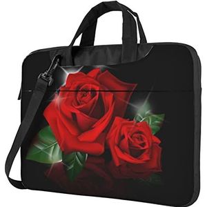 ZaKhs Rode Rozen Print Laptop Tas Met Schouderriem Computer Tas Slanke Handtas Voor Vrouwen Mannen, Zwart, 14 inch