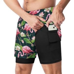 Flamingo Vogel En Lotus Grappige Zwembroek met Compressie Liner & Pocket Voor Mannen Board Zwemmen Sport Shorts