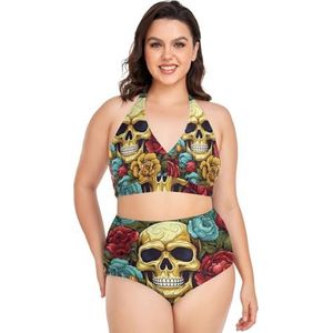 Suiker Schedels Rose Bloemen Vrouwen Bikini Sets Plus Size Badpak Twee Stukken Hoge Taille Strandkleding Meisjes Badpakken, Pop Fashon, 4XL