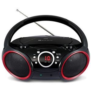 SINGING WOOD Boombox Draagbare cd-speler 030C met stereo FM AM-radio, AUX-lijningang, hoofdtelefoonaansluiting, AC-voeding of ondersteunde batterij (zwart met een knop rode velgen)