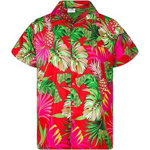 King Kameha Hawaiihemd, voor heren, korte mouwen, borstzakje, Hawaii-print met ananas en bladeren, Pineapple Leaves Rood, XL