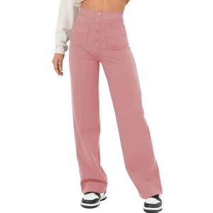 Hoge taille knoop meerdere zakken rechte been casual broek, vrouwen losse elastische cargo broek. (roze, L)