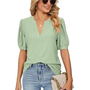 Damesoverhemden met uitsparing aan de bovenkant, casual blouses, V-hals overhemden met korte mouwen(Light green,XXL)