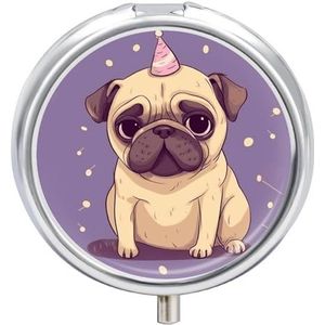 Grappige ronde pillendoos met cartoon-mopmotief, voor reizen, draagbaar, 23 vakken, medicijnen, metaal, tablet, vitaminehouder, organizer voor portemonnee, tas