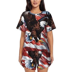 Eagle Met Usa Vlag Print Vrouwen Zomer Zachte Tweedelige Bijpassende Outfits Korte Mouw Pyjama Lounge Pyjama Sets, Zwart, M
