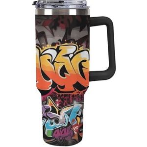 FHESDCW Graffiti Hip Hop Grote Capaciteit Auto Cup 40oz RVS Tumbler met Handvat Geïsoleerde Water Fles met Rietje En Deksel Gedrukt Mokken Past in Auto Bekerhouder