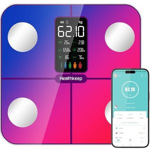 Lichaamsvetweegschaal, personenweegschaal, voor personen met lichaamsvet en spiermassa, 15 lichaamsgegevens, personenweegschaal met lichaamsvetanalyse, smart weegschaal met app, groot display,