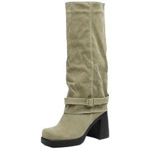 Modieuze Hoge Laarzen Met Vierkante Neus Dames Lange Laarzen Met Blokhak Suède Instapschoenen Met Metalen Gesp Herfst-winter 9 Cm Hoge Hakken for Feestjes, 36-43 EU(Beige,43 EU)
