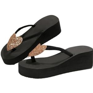 UBOHUZ Dames Flip Flops Glitter Hart Wedge Hakken Flip Flops Vrouwen Zomer Lichtgewicht Antislip Slippers Vrouwen Platform Clip Teen Sandalen Voor Strand, Indoor, Goud, 42 EU