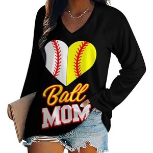 Grappige bal moeder softbal honkbal vrouwen casual lange mouw T-shirts V-hals gedrukte grafische blouses tee tops M