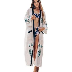 LikeJump Dames-kimono, knielange strandjurk, zomerjurk, bikini cover-up., wit en groen., Eén maat