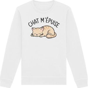 Sweatshirt met kat, uniseks, bedrukt in Frankrijk, 100% biologisch katoen, cadeau voor verjaardagsdieren, origineel grappig, Wit, S