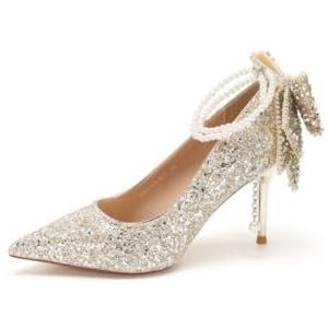WDUDSUDUW Elegante pumps met spitse neus, glitter en strass steentjes, hoge hakken voor bruiloften, sexy en sprankelende galaschoenen voor op feestjes,Gold 3.35"",37.5 EU