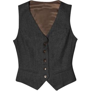 Tuikayoo Womens Herringbone Tweed Mouwloos Slim Fit Button Down Top V Hals Bovenkleding Vest, zwart, XS