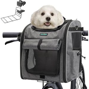 DAISTERN Hondenmand voor Fiets Voorzijde tot 10KG, Vouwbare Ademend Hondenfietsmand Rugzak Schoudertas Auto Zitplaats met L-Vormig Bevestigingsmateriaal, Comfortabel Kussen, Reflecterende Strips