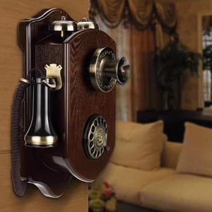 DAEOIBHJR Vintage vaste telefoon, klassiek retro design voor aan de muur, draaibare schijf telefoons in oude stijl met mechanische beltoon, antieke houten telefoon met kabel voor thuis, kantoor en