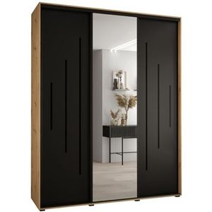 MEBLE KRYSPOL Davos 13 190 Kledingkast met drie schuifdeuren voor slaapkamer - Moderne Kledingkast met spiegel, kledingroede en planken - 235,2x190x45 cm - Artisan Black Zwart