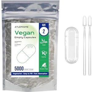 ATLEMISME Lege plantaardige capsules Maat 2 - Pak van 5000 - Gelatinevrij, ideaal voor voedingssupplementen en poeders - Gemakkelijk vullend en snel oplossend