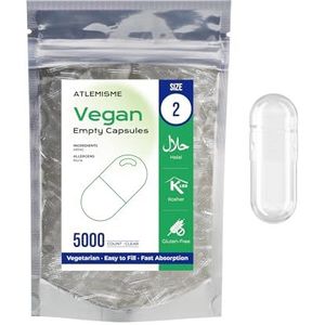 ATLEMISME Lege plantaardige capsules Maat 2 - Pak van 5000 - Gelatinevrij, ideaal voor voedingssupplementen en poeders - Gemakkelijk vullend en snel oplossend
