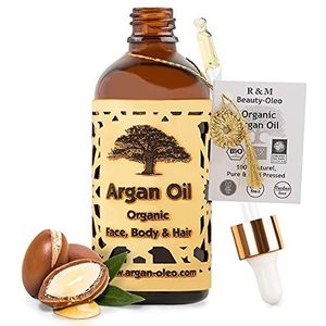 R&M Arganolie Bio koudgeperst - Marokkaanse Fair Trade Olie voor haar, gezicht, nagels en lippen, maar ook tegen littekens en puistjes & als massageolie - flesje met pipet (100ml)