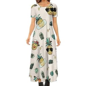 Ananas patroon vrouwen zomer casual korte mouw maxi jurk ronde hals bedrukte lange jurken S