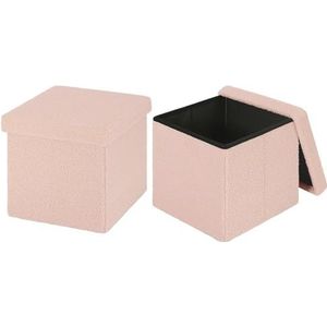 eSituro Set van 2 opvouwbare krukken met opbergruimte, voetenbank, beklede kruk, zitkist, opbergdoos, tot 300 kg belastbaar, van teddyfleece roze