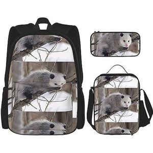 Opossum in Snow rugzak met grote capaciteit, lunchtas, pennenzak, 3-delige set voor kantoor, reizen, kamperen, uniseks, Zwart, Eén maat