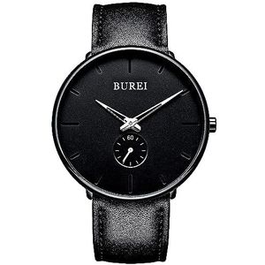 BUREI Herenhorloge Ultradunne zwarte grote jurk Analoge quartz-zilveren wijzers met zwarte leren riem