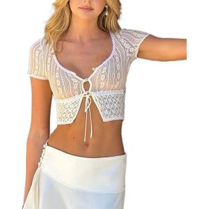 LoprNsdgt Dames Kant Vetersluiting Korte Mouw Crop T Shirt Sexy Doorschijnend Getailleerde Zomer Tops Uitgaan,Wit,L
