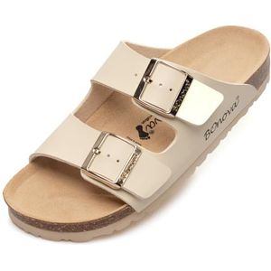 BOnova Damessandalen, damessandalen met voetbed, antislip zomerschoenen met rubberen zool, premium slippers van kurk, gezellige pantoffels voor dames, Crème, 37 EU