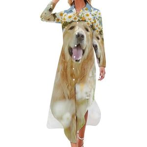 Golden Retriever Hond Mooie Krans Vrouwen Maxi Jurk Lange Mouw Knopen Shirt Jurk Casual Party Lange Jurken 5XL