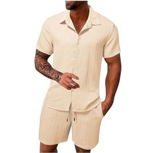 FZKun Zomerse 2-delige outfits voor heren voor vakantie - Hawaïaanse strand katoen en linnen Cubaanse overhemden met korte mouwen en bijpassende shorts, Kaki, M
