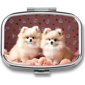 Pillendoos Pommeren, puppy's en puntenprint, rechthoekige medicijndoos, 2 compartimenten, medicijnkoffer voor zakportemonnee en reizen
