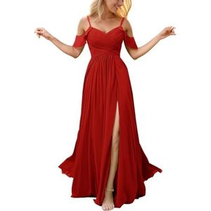 Chiffon galajurken met spleetplooien, bruidsmeisjesjurken voor bruiloft, cocktailjurk, grote maten, Rood, 34