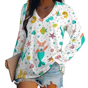 Funny Under Sea Corgi Mermaid Nieuwigheid Vrouwen Blouse Tops V-hals Tshirt Voor Legging Lange Mouw Casual Trui